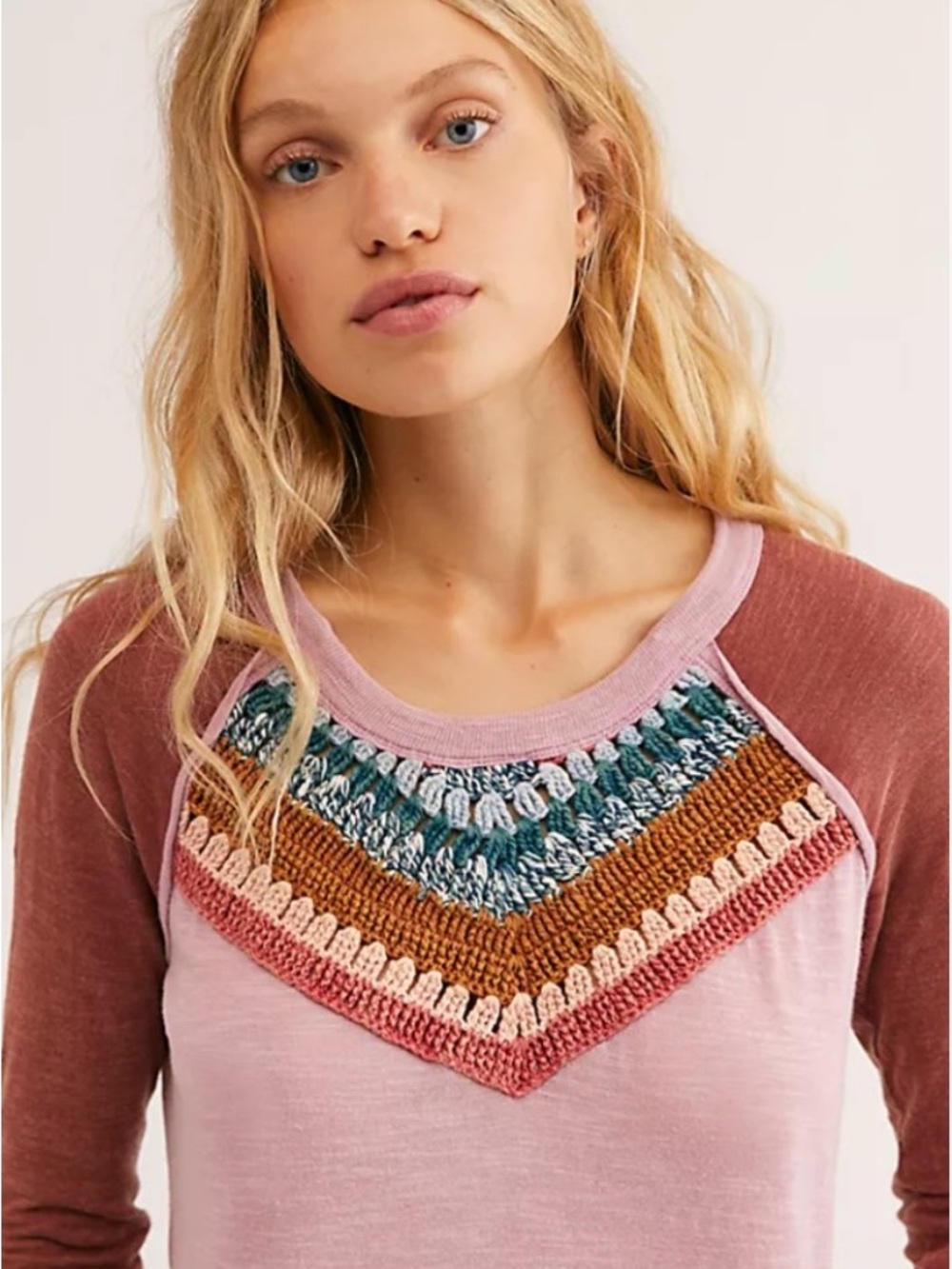 We The Free Pink Scoop-Neck Sweater with Multicolor Crochet Chevron Yoke